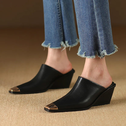 2025 New Ladies Genuine Leather Metal Head Mules Fashion Med Chunky Heels Summer Wedges Slippers Women Casual Office Shoes Woman