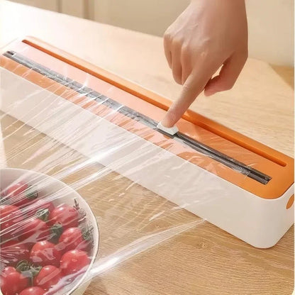 Large Size Plastic Wrap Dispenser with Cutter, Dual Slide Cutting Multifunctional Foil & Parchment Paper Cutter, Reusable Kitchen Film Sealing Machine, Compatible with Plastic Wrap, Aluminum Foil, Baking Paper & Wax Paper, Du