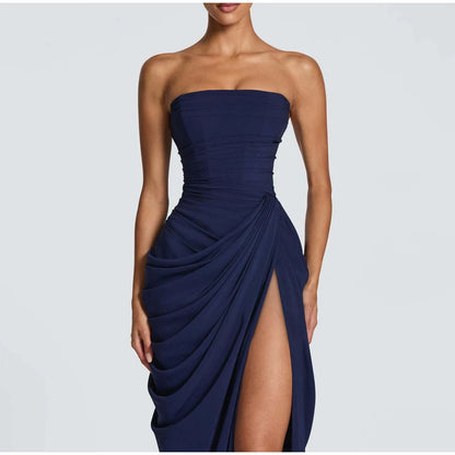 Butter Yellow Mesh Splicing Long Dress Elegant Strapless Split Backless Pleated Gowns For Women 2026 Lady Evening Party Gowns