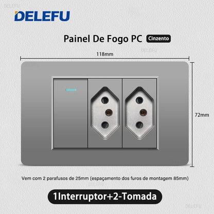DELEFU Grey PC Panel Brazil Standard Wall Power Socket Double USB Type C Outlet Light Switch Home Office Electrical Plug 10A 20A