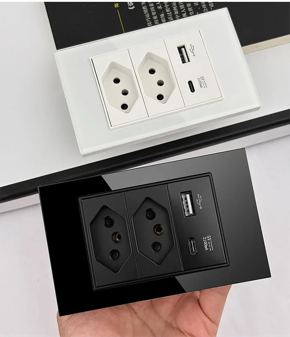DELEFU 4*2 White Tempered Glass Brazil Standard Outlet with Double USB Type C Wall Power Socket Smart Switch Tuya Wifi 10A 20A