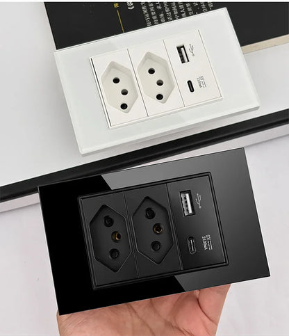 DELEFU 4*2 White Tempered Glass Brazil Standard Outlet with Double USB Type C Wall Power Socket Smart Switch Tuya Wifi 10A 20A