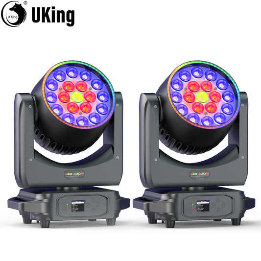 U'King 2Pcs 220W Beam Wash Zoom Moving Head Lights With Light Strip19X15W RGBW LED Stage Light DMX512 DJ Light For KTV Bar Party