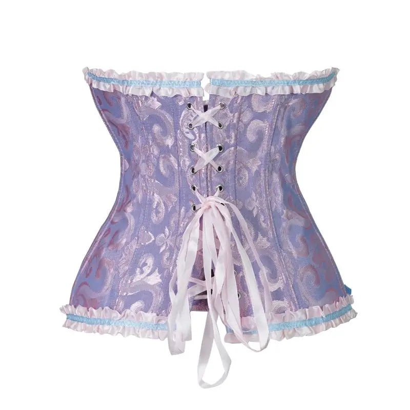 A lake blue dress with a flower patterned corset and a cinched waist for slimming ladies