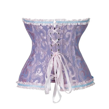 A lake blue dress with a flower patterned corset and a cinched waist for slimming ladies