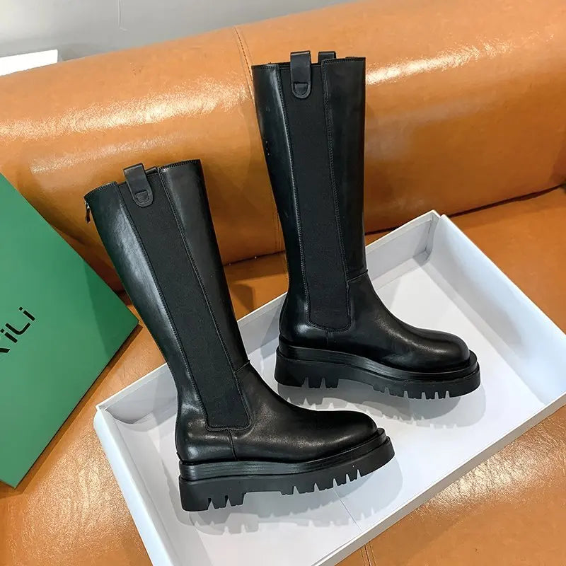New Platform Women Knight Long Boots Fashion Warm Fur Shoes Autumn Winter Square Heels Ladies Knee High Boots Zapatos Mujer