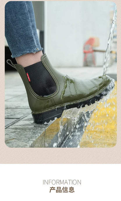 Women's short tube anti slip rain shoes, lightweight waterproof water shoes, fashionable Chelsea rain boots, PVC one-time moldin
