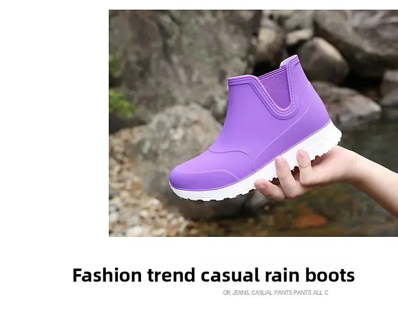 Fashionable Winter Short Ankle Women's Rain Boots Waterproof Slip Resistant Car Wash Shoes Adult Fleece Lined PVC Ladies Footwea