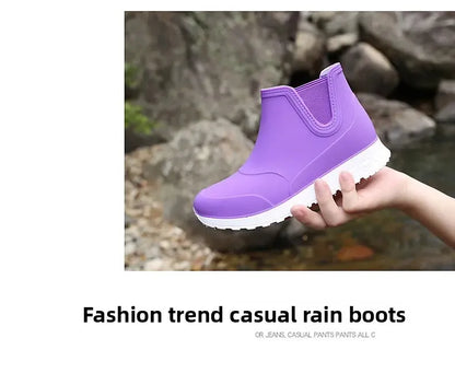 Fashionable Winter Short Ankle Women's Rain Boots Waterproof Slip Resistant Car Wash Shoes Adult Fleece Lined PVC Ladies Footwea