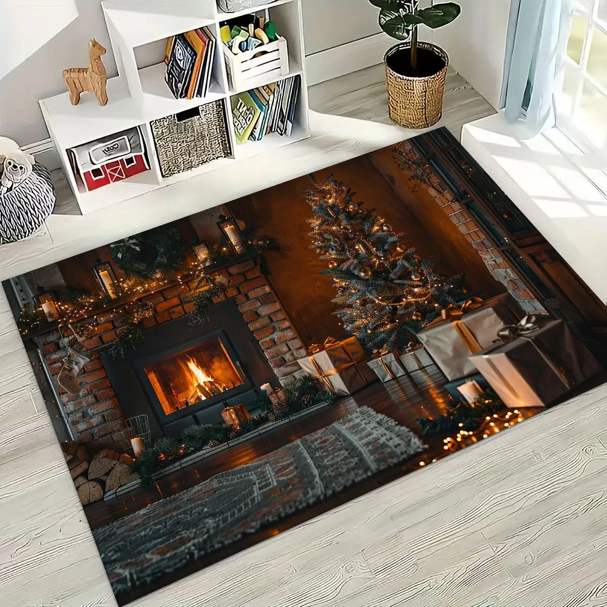 Happy New Year Merry Christmas Tree Santa Claus Cartoon Gift Carpet Rug for Bedroom Living Room Sofa Home Doormat Decor,Non-slip