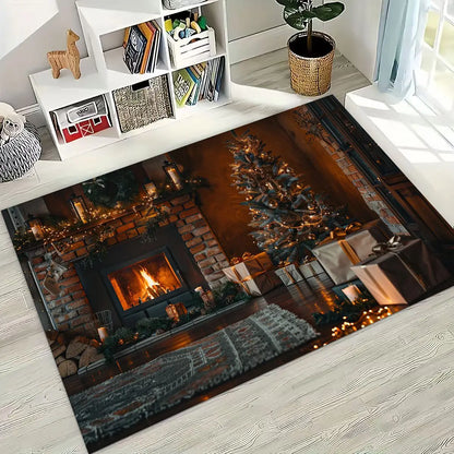 Happy New Year Merry Christmas Tree Santa Claus Cartoon Gift Carpet Rug for Bedroom Living Room Sofa Home Doormat Decor,Non-slip