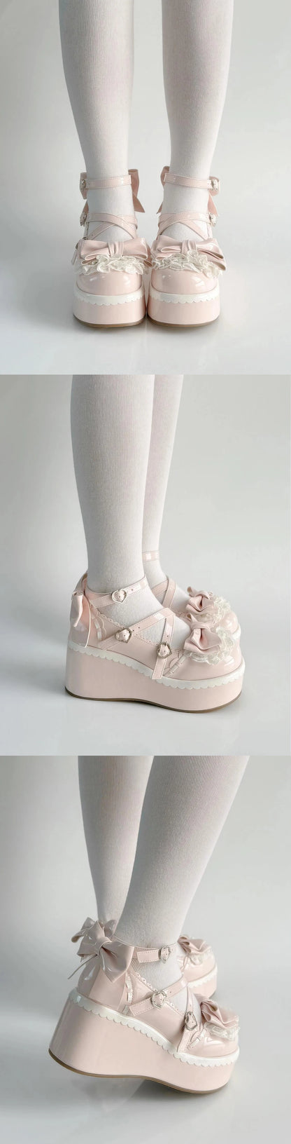 Sweet Lolita Style Girls Flat Platform ,Female Students Cute Bowknots Mary Jane Ankle Strap Elevator Shoes