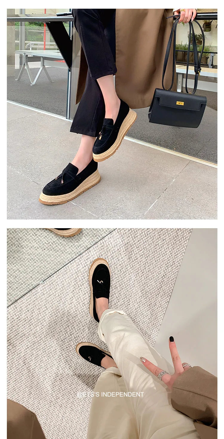 MKKHOU Fashion Loafers New High Quality Real Leather Suede Vintage Straw Braid Platform Shoes Daily Casual Light Shoes Neutral