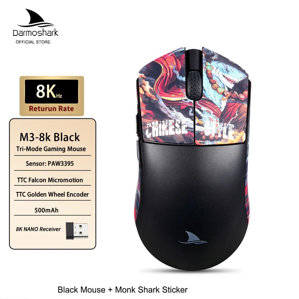 Darmoshark M3 Gaming Mouse Dual Mode 8K Wireless Tri-Mode PAW3395 Big Hand Macro Game Mouse 26000 DPI Lightweight Mice