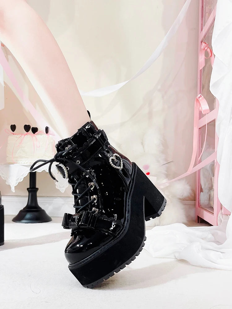 Japanese Mine Lolita Short Boots for Women Mass Production Love Rhinestone Buckle Bow Round Head Platform Boots Sweet Shoes