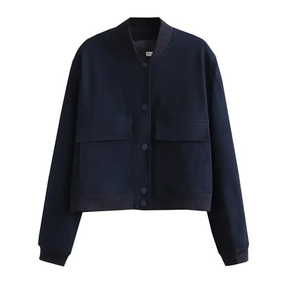 EDSA Woman Bomber Jacket White Autumn Winter Button Cropped Jackets for Women Fashion Long Sleeve Crop Outerwear