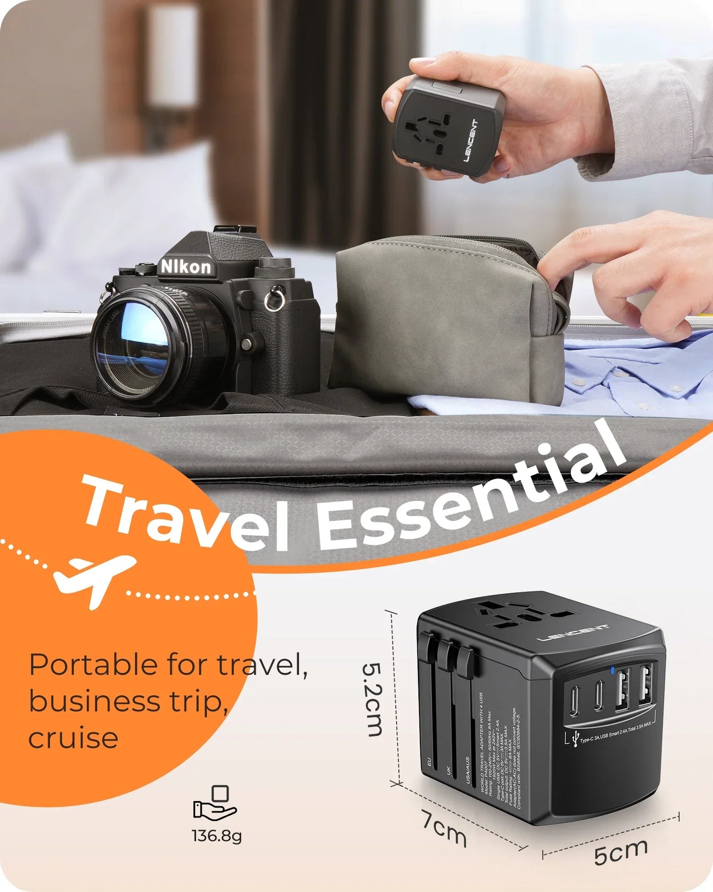 LENCENT Universal Travel  Adapter International  Plug Adaptor with 2 USB-C +2 USB-A Ports Wall Charger for EU UK USA AUS Travel