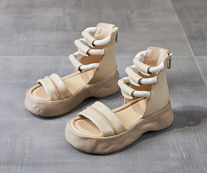 Koznoy 8cm Natural Genuine Leather Sandals Boots Flats Platform Wedge Summer Women Hollow Pumps Peep Toe Booties Mary Jane Shoes