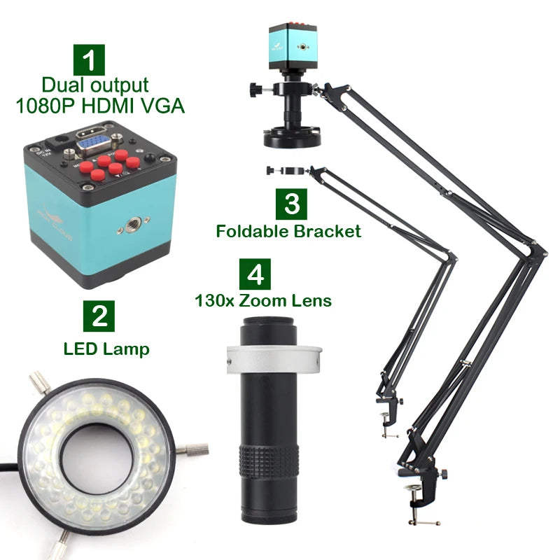 55MP 48MP 4K 1080P HDMI USB Video Microscope Camera 1-130X Infinitely Far C Mount Lens LED Light for Digital Image Acquisition