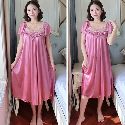 Women's Nightdress Loungewear Ladies Ice Silk Nightgowns Sleeping Dress Medium Length Short Sleeve Home Wear Pyjama Sleepwear