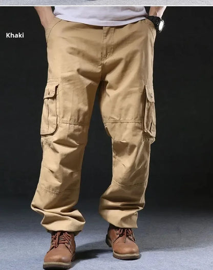 Cross-Border Men's Cargo Pants Spring Autumn Loose-Fit Pure Cotton Multi-Pocket Plus Size Straight-Leg Casual Pants