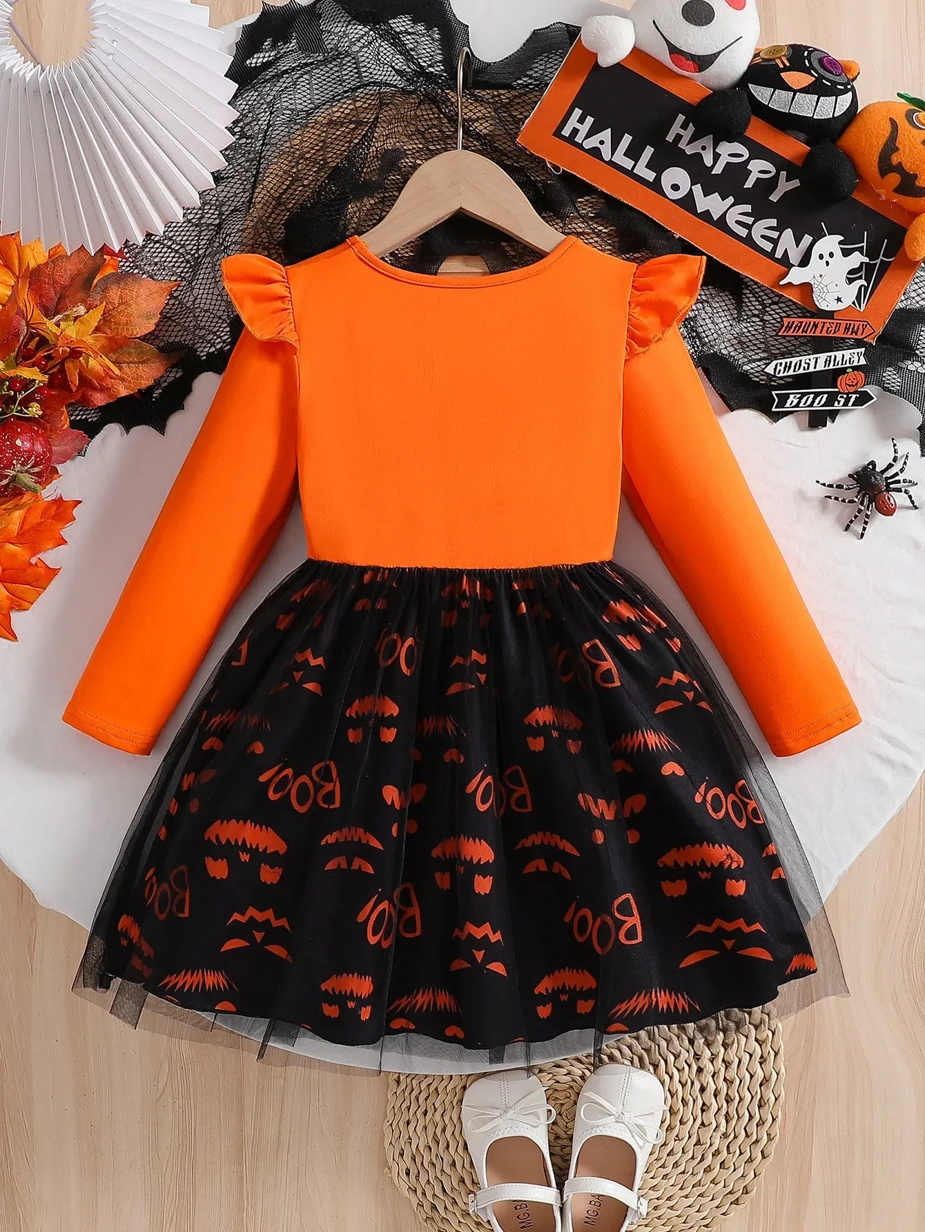 Prowow 2-8Y Kids Purple Halloween Dresses For Girls Long Sleeve Princess Mesh Spooky Spider Dress Children Halloween Costumes