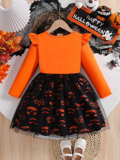 Prowow 2-8Y Kids Purple Halloween Dresses For Girls Long Sleeve Princess Mesh Spooky Spider Dress Children Halloween Costumes