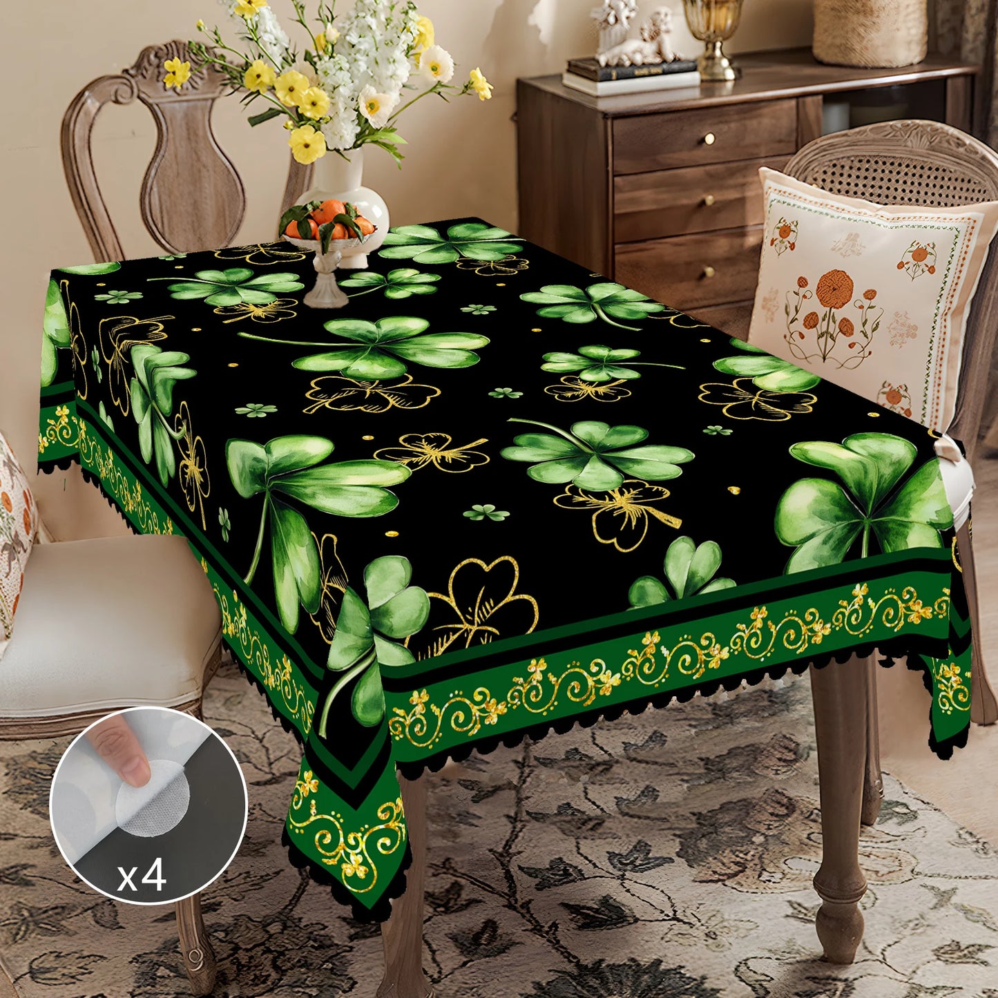 1 Piece of Clover Green Round Tablecloth, 5 Sizes Available, St. Patrick's Day Clover Pattern Printed Tablecloth, Edge Embossing Process, Spring Garden Tablecloth Decoration, Tablecloth for Daily Home Kitchen, Terrace, St.Hol