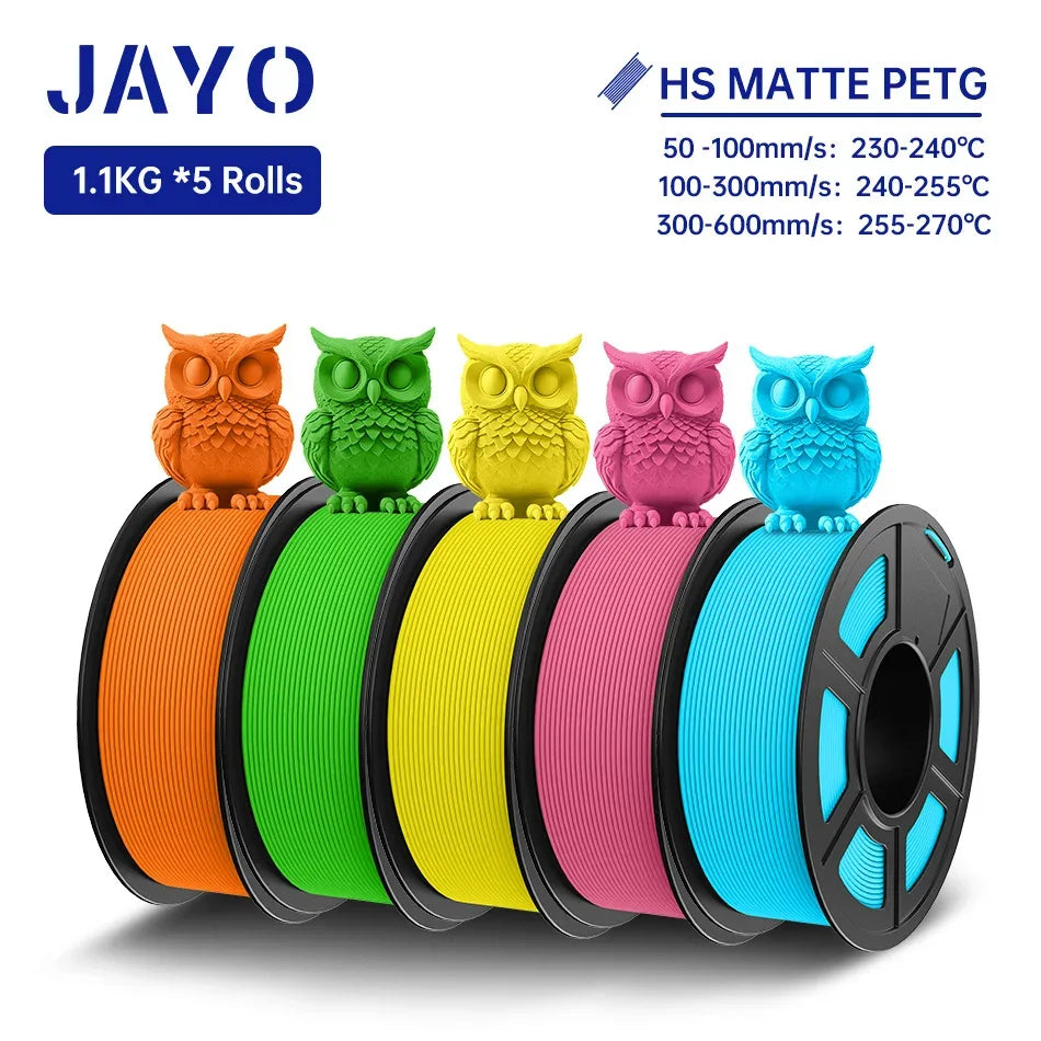 JAYO PETG 3D Filament 1.75MM High Speed PETG 3D Printer Filament 5Rolls High Flow Speedy Matte Effect 3D Printing Mateials