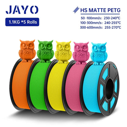 JAYO PETG 3D Filament 1.75MM High Speed PETG 3D Printer Filament 5Rolls High Flow Speedy Matte Effect 3D Printing Mateials