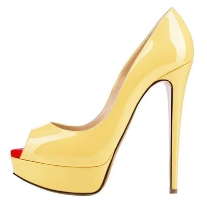 LOSLANDIFEN Sexy Peep Toe Platform Women Pumps 14cm Super High Patent Leather Heels Shoes Red Wedding Stilettos Large Size 43 44