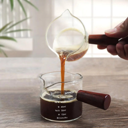 Clear Glass 75ML  Espresso Shot Glasses with Wooden Handle Measuring Cup Coffee Cup High Borosilicate Glass Pitcher Barista