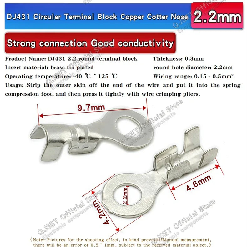 100PCS Circular Terminal Blocks DJ431 O-ring lugs Cold pressed connectors Copper lugs Terminal blocks Open ended bare ends 6.3mm