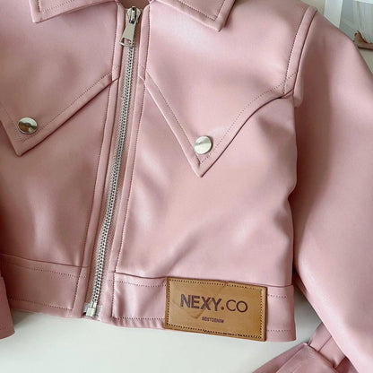 2024 Girls Baby Spring Autumn Winter PU Clothing Set Fashion Kids Leather Zipper Jackets+skirts Children 2pcs Birthday Clothes
