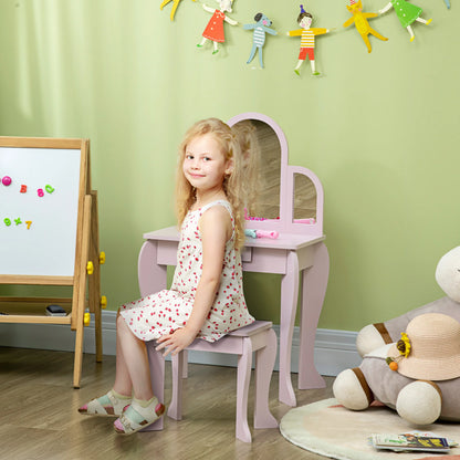 Homcom Children's Dressing Table with Mirror and Stool Children's Dressing Table Makeup Table for Girls from 3 to 6 Years with Drawer Pink