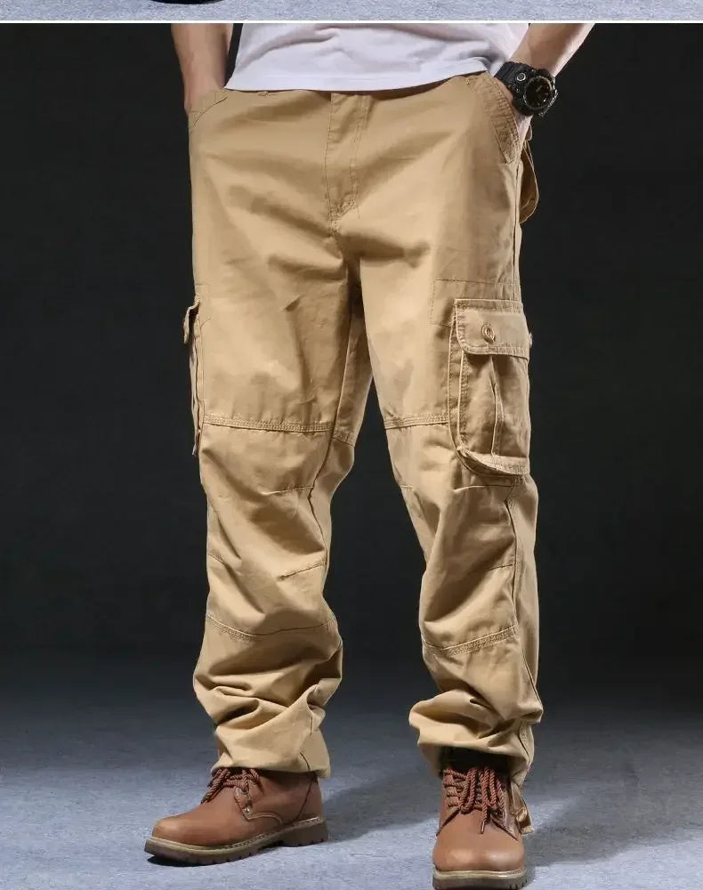 Cross-Border Men's Cargo Pants Spring Autumn Loose-Fit Pure Cotton Multi-Pocket Plus Size Straight-Leg Casual Pants