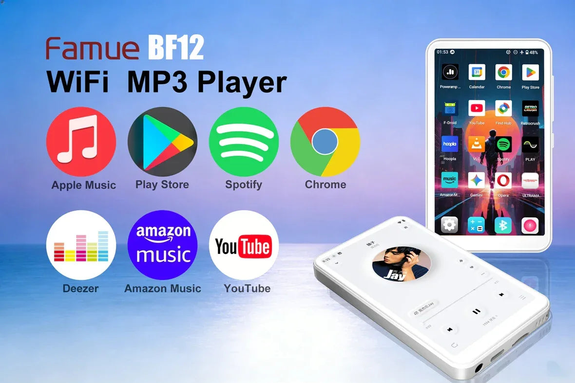 Famue BF12 4-inch 1080P MP4 Player, Android 10, Wi-Fi Bluetooth, YouTube Instagram Spotify Amazon Music Play Store Download
