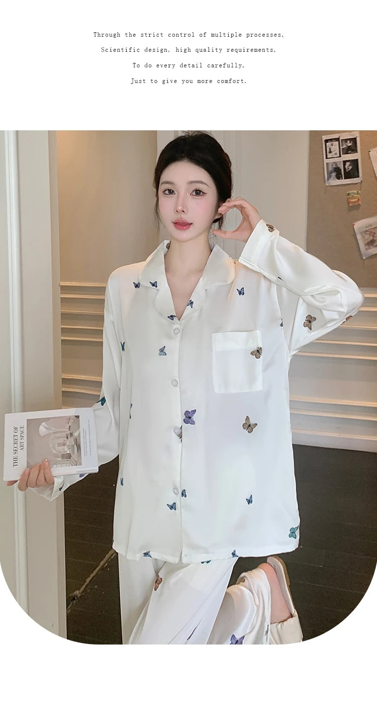 French Elegant Romantic Butterfly Print Women Pajamas Simple Ins Literary Aesthetics Sleepwear 2024 Fall Winter New Y2k Lounges