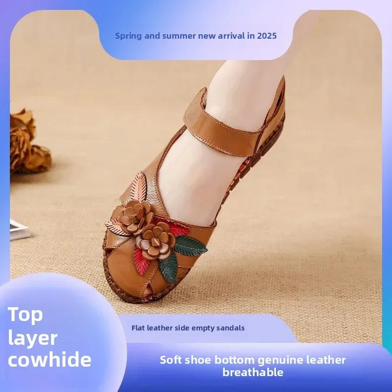 New 2025 Ladies Flat Sandals Soft Leather Anti-Slip Bottom Ethnic Style Comfortable Soft Surface Design for Elderly People