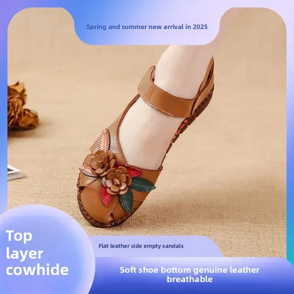 New 2025 Ladies Flat Sandals Soft Leather Anti-Slip Bottom Ethnic Style Comfortable Soft Surface Design for Elderly People