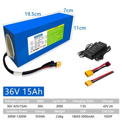 36V 18AH 15AH 12AH 9AH Rechargeable Lithium Battery Pack 100-1300W Electric Motorcycle Scooter Bicycle with BMS Battery Pack