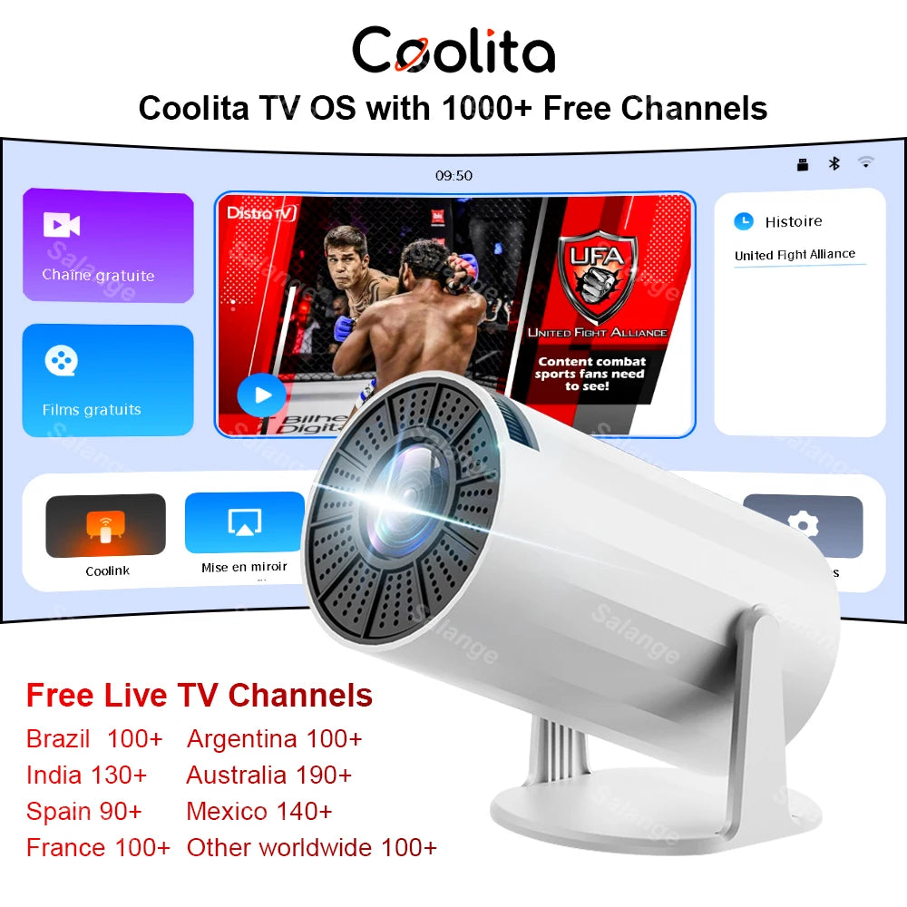 Salange X8Mini Native 720P Android 4K Projector with Lifetime Free TV Channels WiFi6 BT5 Video Projector Coolita OS Home Cinema