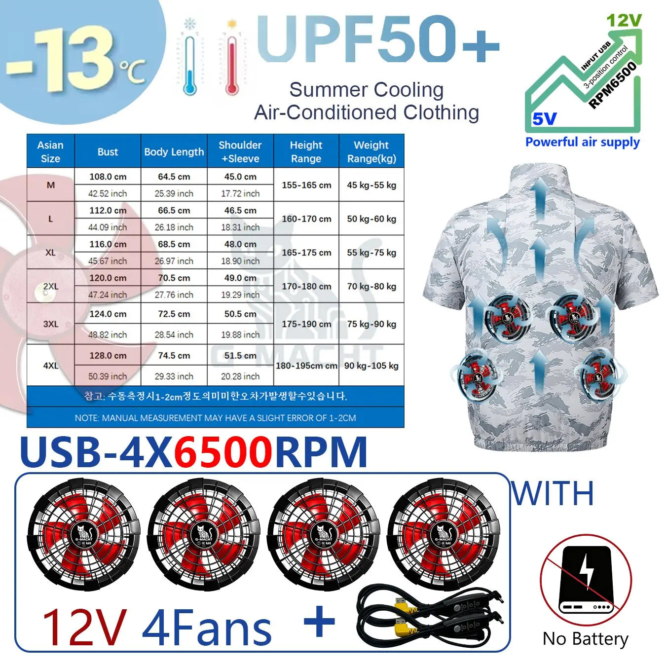 G-MACHT Men Short Sleeve 4Fans Cooling Jacket USB Air Conditioning Clothing Outdoor Work Fishing Heat Protection Cooling Vest