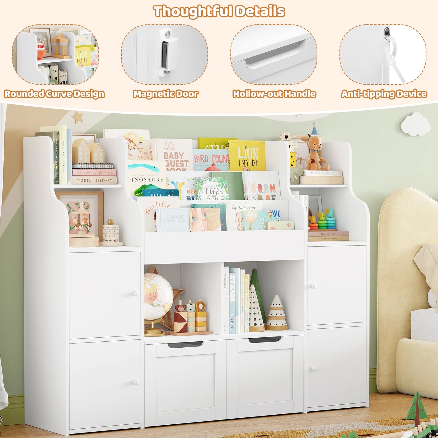 Getone Toy Storage , Childrens Bookcase,Unit 3-tier Kids Bookshelf, Kids Storage with 2 Drawers with Wheels, 4 Doors, 6 Open Shelves,multi-functional toy storage unit122x30x100cm