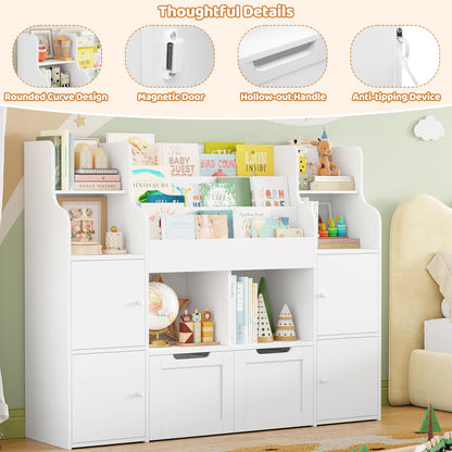 Getone Toy Storage , Childrens Bookcase,Unit 3-tier Kids Bookshelf, Kids Storage with 2 Drawers with Wheels, 4 Doors, 6 Open Shelves,multi-functional toy storage unit122x30x100cm