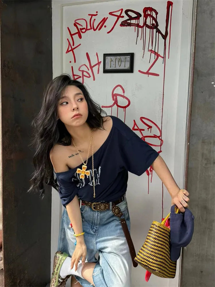 Yedinas Loose Off Shoulder Letter Graphic T Shirts Woman Clothing Short Sleeve American Retro Summer Tops Korean Style Y2k Tees