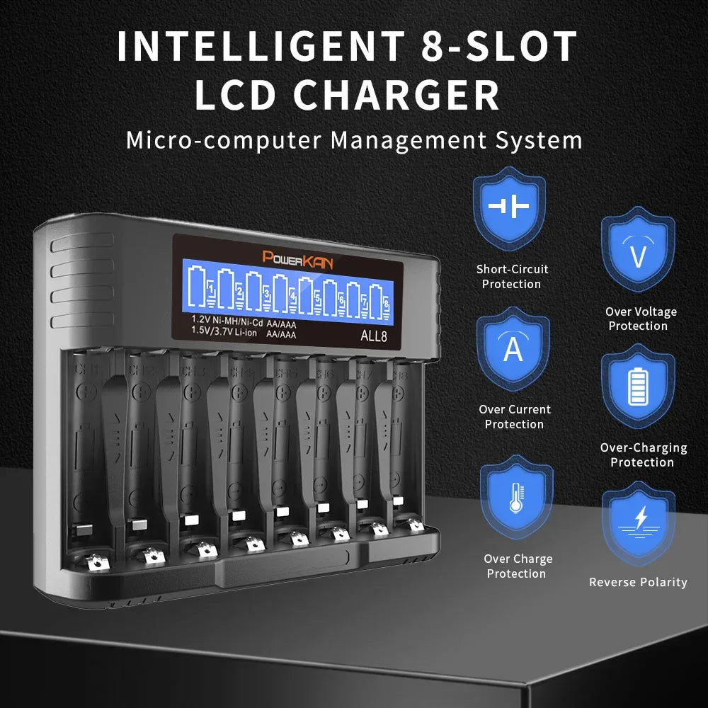 POWERKAN ALL8 charger, 8-slot high-speed LCD AA/AAA charger, suitable for 1.2V Ni-MH 1.5V/3.7V Li-ion rechargeable batteries