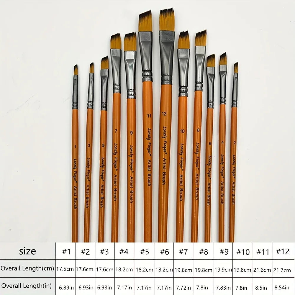 12pcs Premium Angular Paint Brushes - High-Quality Nylon Hair Angled Watercolor Brushes for Acrylics, Watercolors, Gouache