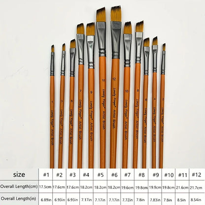 12pcs Premium Angular Paint Brushes - High-Quality Nylon Hair Angled Watercolor Brushes for Acrylics, Watercolors, Gouache