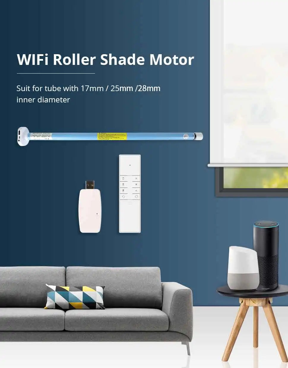Zemismart WiFi Electric Roller Shade Motor for 17mm 25mm 28mm Tube Built-in Battery Work with Tuya Alexa Google Home Alice Voice